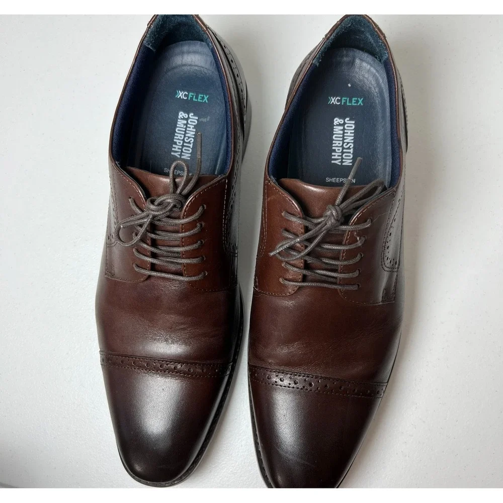 Johnston & Murphy XC flex dress shoes men 10 brown cap toe sheepskin memory foam